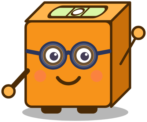 Steady, an orange cube with a level bubble on top and round study glasses, waving hello.
